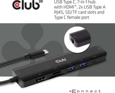 Club3D USB Type C 7-in-1 Hub - Docking Station - USB-C 3.2 - HDMI - GigE von Club3D