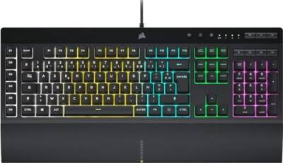 Corsair K55 RGB PRO Gaming-Tastatur, kabelgebunden, IP42, Staub- und spritzwassergeschützt, 6 Makro-Tasten, Elgato-Integration, iCUE-kompatibel, AZERTY BE, PC, Mac, Xbox, Schwarz von Corsair