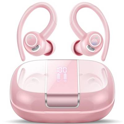 Csasan Bluetooth Kopfhörer Sport, Kopfhörer Kabellos Bluetooth 5.3 mit Ohrhaken, 48Std 3D Stereo In Ear Kopfhörer mit ENC Mic, LED-Anzeige, Touch Control, IP7 Wasserdicht Ohrhörer Roségold(2024) von Csasan