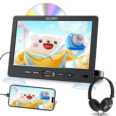 DESOBRY 10,5 Zoll Auto DVD Player mit Kopfstützenhalterung, tragbarer DVD-Player für Auto mit Kopfhörer, Disc-Eingang mit Saugnapf, Unterstützung von 1080P-Video, HDMI-Eingang, USB/SD-Kartenleser von DESOBRY