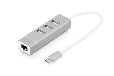 DIGITUS USB 2.0 Typ-C 3-Port Hub & Fast Ethernet LAN Adapter, 3X USB A/F, 1x RJ45 LAN, Chipset FE1.1S/RTL8152B von DIGITUS