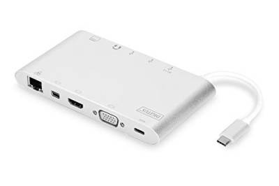 DIGITUS USB-C Docking Station – 11 Ports – 1x HDMI, 1x mDP, 1x VGA (4K@30Hz) – 3x USB 3.0 / USB 2.0, 1x USB Typ-C – RJ45 LAN, Klinke Audio, Kartenleser – Silber von DIGITUS