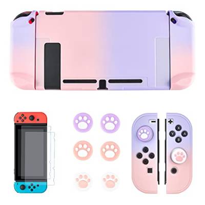 DLseego Schutzhülle Cover für Switch, Hard PC Shell Kratzfest und 2 Displayschutzfolien und 6 Niedliche Daumengriffkappen,Zubehör Kompatibel mit Nintendo Switch, Rosa Lila Verlauf von DLseego