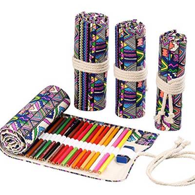 DUBENS Farbige Bleistift Halter Fall, Slots Leinwand Wrap Pouch Federmäppchen Set für Kinder und Erwachsene, Reise Zeichnung Färbung Rolle Organizer (Färbung Dreieck, 24 Holes) von DUBENS