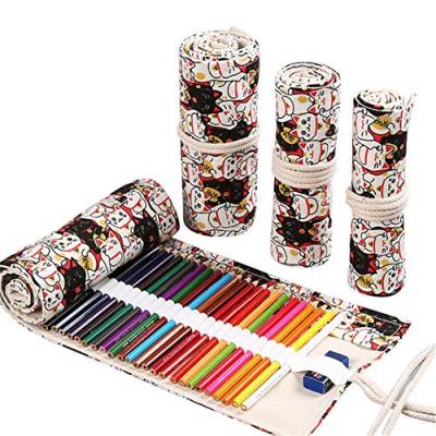 DUBENS Farbige Bleistift Halter Fall, Slots Leinwand Wrap Pouch Federmäppchen Set für Kinder und Erwachsene, Reise Zeichnung Färbung Rolle Organizer (Katze, 48 Holes) von DUBENS