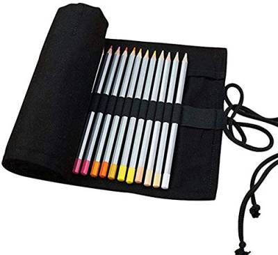 DUBENS Farbige Bleistift Halter Fall, Slots Leinwand Wrap Pouch Federmäppchen Set für Kinder und Erwachsene, Reise Zeichnung Färbung Rolle Organizer (Schwarz, 24 Holes) von DUBENS