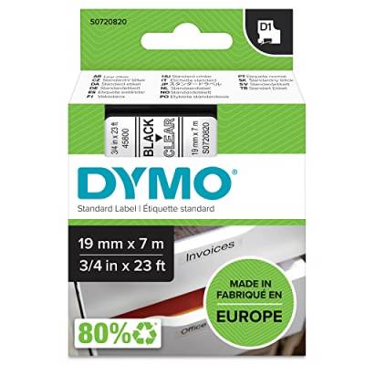 DYMO Original D1-Etikettenband | schwarz auf transparent | 19 mm x 7 m | selbstklebendes Schriftband | für LabelManager-Beschriftungsgerät von DYMO