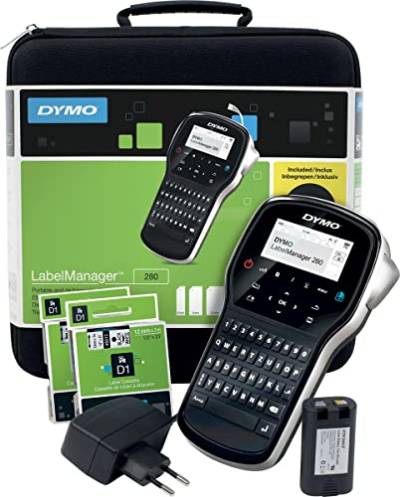Dymo LabelManager 280 Wiederaufladbares Handheld-Etikettendrucker-Set, QWERTY-Tastatur, mit 2 Rollen D1-Etiketten und Tragetasche von DYMO