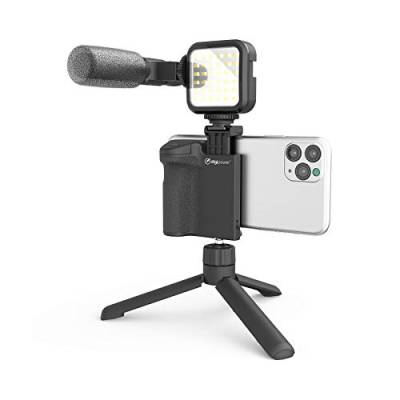 DigiPower Vlogging Set Follow me mit LED-Videoleuchte + Mikrofon + Kameragriff mit Handy Halterung + Mini-Stativ, kompatibel mit Smartphones, für TikTok, YouTube, Live-Streaming und Meetings von DigiPower