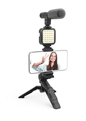 DigiPower Vlogging Set Like Me mit LED-Videoleuchte + Mikrofon + Handy Halterung + Handgriff/Mini-Stativ, kompatibel mit Smartphones, für TikTok, YouTube, Live-Streaming und Meetings von DigiPower