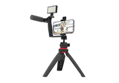 DigiPower Vlogging Set "Superstar" mit LED-Videoleuchte + Mikrofon + Handy Halterung + Winkelhalterung mit zwei Blitzschuhadaptern + Mini-Stativ, kompatibel mit Smartphones, für TikTok, Youtube von DigiPower
