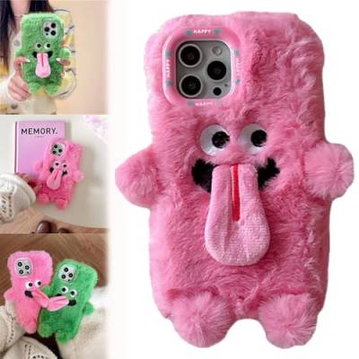 Donubiiu Funny Tongue Sticking Out Plush Mobile Phone Case for iPhone, Couple Case Cute, Warm Spoof Tongue Interactive Monster Fur Cover (for iPhone 11,Pink) von Donubiiu