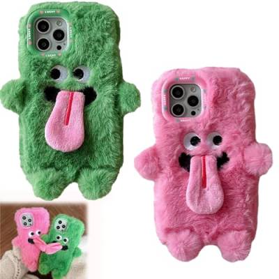 Donubiiu Funny Tongue Sticking Out Plush Mobile Phone Case for iPhone, Couple Case Cute, Warm Spoof Tongue Interactive Monster Fur Cover (for iPhone 13,2Pcs) von Donubiiu