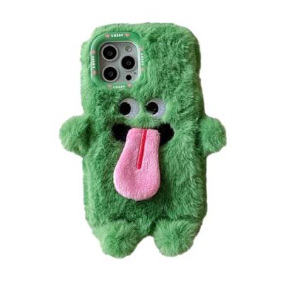 Donubiiu Funny Tongue Sticking Out Plush Mobile Phone Case for iPhone,Couple Case Cute,Winter Handmade Hair Plush Protective Case for iPhone (iPhone 15 pro,Green) von Donubiiu