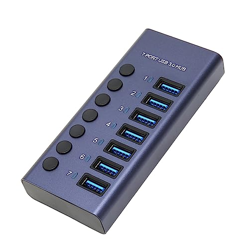 Dpofirs 7-Port-36-W-USB-3.0-Hub, 5-Gbit/s-Daten-Hub mit Separaten Schaltern, LED-Anzeigeleuchte, Plug-and-Play-Dockingstation für Tastaturen, Mäuse, Festplatten (EU-Stecker) von Dpofirs