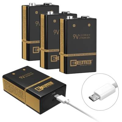 EEMB Wiederaufladbare 9V Batterie 650mAh mit USB Ladekabel 4-Pack Lithium Li-Polymer Wiederaufladbare Batterien für Tastatur Mikrofon Rauchmelder/Detektor Gitarre Kameras Spielzeug(4) von EEMB