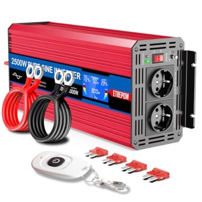 ETREPOW 2500w Spannungswandler 12v Auf 230v Reiner Sinus Wechselrichter mit 2 EU-Steckdose und Einer 2,1A USB,Drahtlose Fernsteuerung,LCD Bildschirm -Spitzenleistung 5000w Kfz Konverter … von ETREPOW