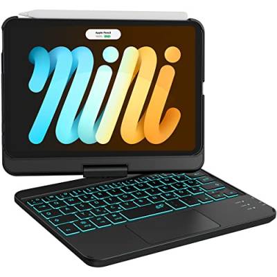 Earto iPad Mini 6 Hülle mit Tastatur, Smart Trackpad, 7 Farben Tastatur mit Hintergrundbeleuchtung, 360° drehbar, Kompatibel mit iPad Mini 6. Generation 8,3 Zoll 2021, QWERTZ Layout, Schwarz von Earto