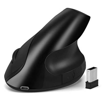 EasyULT Vertical Ergonomische Kabellose Maus, Wiederaufladbarer 2.4 GHz Optische Wireless Kabellos Funk Maus mit Nano-Empfänger für Windows, Mac OS, 800/1200/1600 DPI Einstellbare, 6 Tasten(Schwarz) von EasyULT
