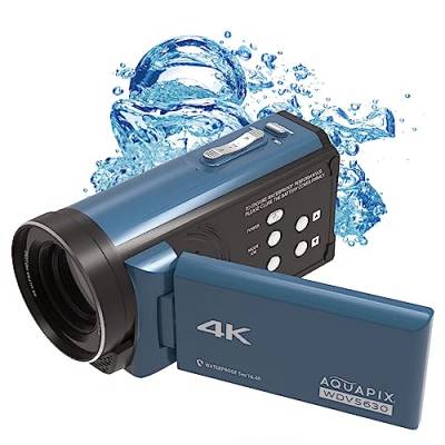 Aquapix WDV5630 Unterwasser-Camcorder, Echtes 4K-Video, Bis zu 56MP, 18x Digital-Zoom, 3" Display, Blau-Grau von Aquapix