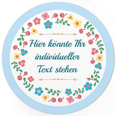 24 PERSONALISIERTE runde Etiketten mit Motiv: Hellblau Bunter Blumenkranz - Ihre Aufkleber online selbst gestaltet, ganz individuell von Einladungskarten Manufaktur Hamburg