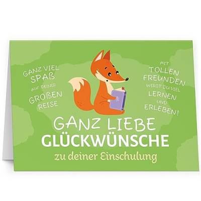 XXL Glückwunschkarte (A4) Einschulung mit Umschlag Thema Schule Fuchs niedlich grün - hochwertige Klappkarte | Große Design Maxi Karte Grußkarte Gutschein von Einladungskarten Manufaktur Hamburg
