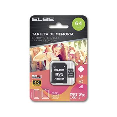 ELBE - 64 GB Micro-SD-Speicherkarte (bis zu 100 MB/s, Klasse 10, U3, V30, Video 4K, Full HD 1080p, Adapter im Lieferumfang enthalten) von Elbe