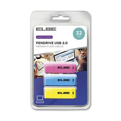 Elbe USB-332 USB-Stick mit 32 GB, Farbe Blau, Gelb und Rosa, 3 Stück von Elbe