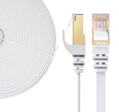 Elfcam® - 0,5m LAN Kabel Netzwerkkabel Cat 7 Ethernet Kabel mit Vergoldetem RJ45 Stecker Flach und Dünn, 100% Kupfer Starres Verlegekabel, STP, 32 AWG, Weiß (0,5m) von Elfcam