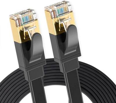 Elfcam® -12 Meter Ethernet Kabel Cat 8 Plat, LAN/WLAN Kabel mit Vergoldetem RJ45 Stecker, Netzwerkkabel 100% Kupfer Starres Verlegekabel, S/FTP, 30 AWG, Schwarz, 12m von Elfcam