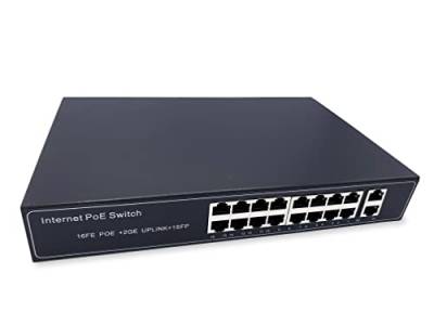 Elfcam® - PoE Gigabit Switch mit 16 Port Ethernet LAN und 2 Uplink Ethernet Port 10/100/1000Mbps, Unmanaged Plug-and-Play Netzwerk Switch PoE, Robustes Metallgehäuse, 16 Port PoE von Elfcam
