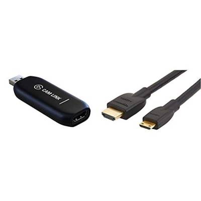 Elgato Cam Link 4K - Live-Streamen und Aufnehmen mit DSLR, Action Cam oder Camcorder & Amazon Basics HL-007342 Hochgeschwindigkeits-HDMI-Kabel, Typ Mini-HDMI auf HDMI, 1,83 Meter,Schwarz von Elgato