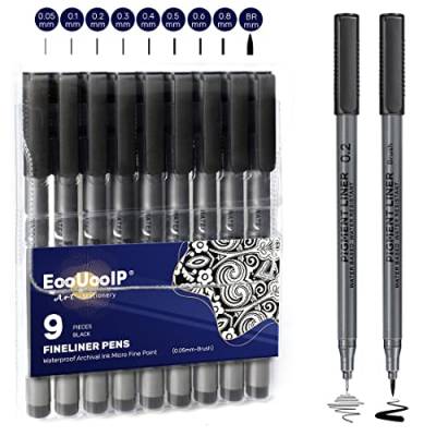 EooUooIP Fineliner Stifte Set, 9 Stück Premium Schwarz Micron Handlettering Stifte, Pigment Liner set (0.05mm-0.8mm und 1 Filzstiften), für Zeichnen und Schreiben von Skizzen, Comics von EooUooIP