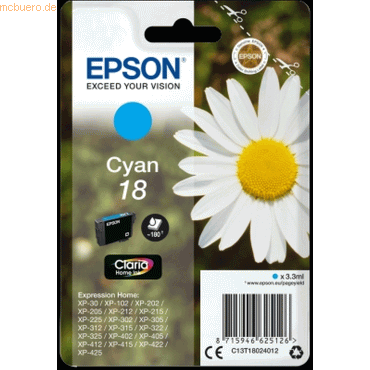 Epson Tintenpatrone Original Epson T1802 cyan von Epson