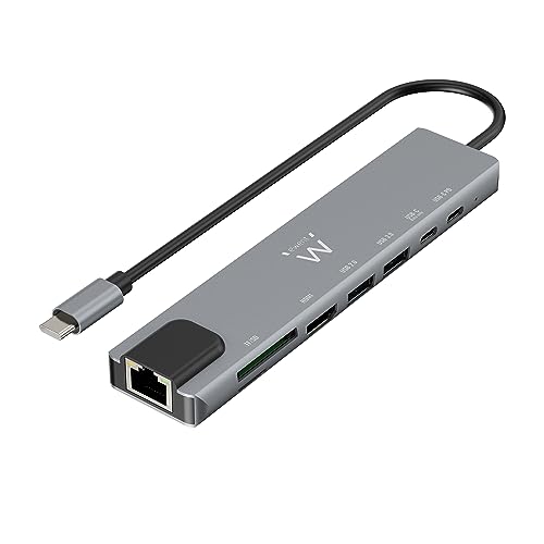 Ewent USB-C HDMI 8-in-1 Hub, USB-C to Dock Multiport 8-in-1, USB C Hub mit 1000Mbps Ethernet, HDMI 4K, 1 USB-C PD Port, 1 USB-C Port, 2 USB-A Ports, 1 LAN Port, 1 SD/TF Card Reader, Aluminium von Ewent