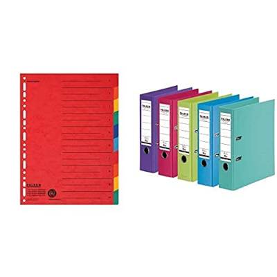 Set aus: Original Falken Karton-Register überbreit A4 24 x 29,7 cm mit Organisationsdruck 10 tlg 2x5 Farben & 10er Pack Falken Chromocolor Premium-Ordner Kunststoffbezug 8cm breit A4 farbig sortiert von FALKEN