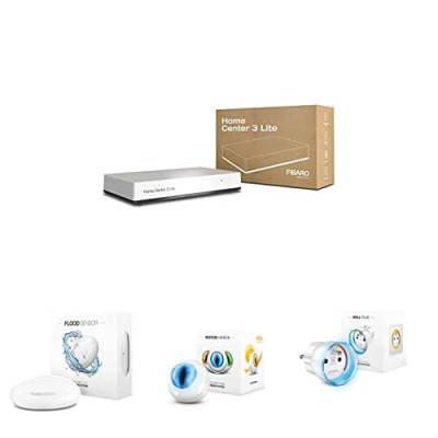 FIBARO Home Center 3 Lite, Z-Wave 700 Box,HC3L-001+Flood Sensor/Z-Wave Plus, FGFS-101+Motion Sensor/Z-Wave Plus,FGMS-001+Wall Plug/Z-Wave Plus Smart Steckdose Plug mit Leistungsmessung Typ E,FGWPE-102 von FIBARO