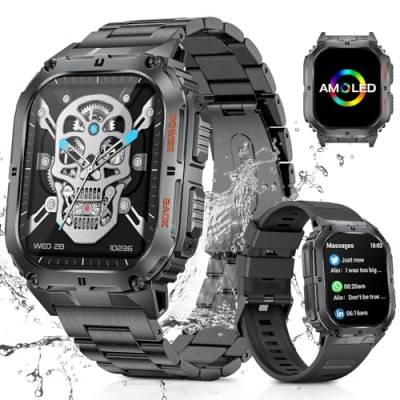 FOXBOX Militärische Smartwatch für Herren mit Bluetooth-Anruf, 1,9 Zoll AMOLED IP68 Wasserdicht Fitness Tracker mit Schrittzähler Herzfrequenz Schlaf SpO2 Blutdruckmessgerät Rugged Smartwatch für von FOXBOX