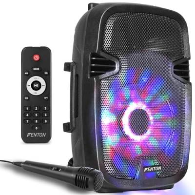 Fenton FT8LED - Partybox Bluetooth Lautsprecher, Peak 300 Watt, Party Lautsprecher mit LED, Akku, Echo, Karaoke Machine, Mobile PA Anlage mit Mikrofon, MP3, SD, USB, 8 Zoll, Fernbedienung von Fenton