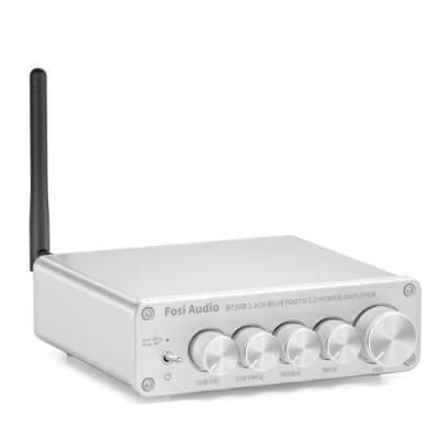 Fosi Audio BT30D-S Bluetooth 5.0 Verstärker 50 Watt x2+100 Watt Mini Hi-Fi Stereo Audio Class D 2.1 Kanal Integrierter Verstärker für Home Outdoor Passiv-Lautsprecher Passiv/Powered Subwoofer (Silber) von Fosi Audio