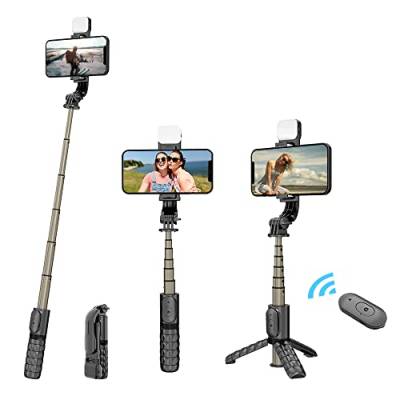 Fotopro Selfie Stick Stativ,4 in 1 Bluetooth Selfie Stick with Fill Light,um 360 ° drehbarer Telefonständerhalter, kompatibel mit iPhone/Samsung/Huawei von Fotopro