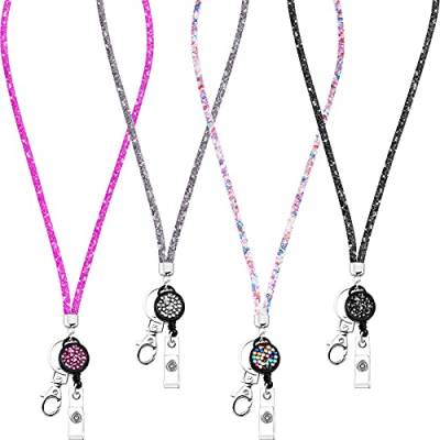 Frienda 4 Stücke Kristall Lanyard Halskette mit Einziehbarem Abzeichenhalter und Schlüsselring, Bling Strass Kristall Lanyard Riemen (Schwarz, Grau, Mehrfarbig, Rose Rosa) von Frienda