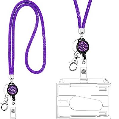 Kristall Lanyard Halskette mit Transparentem ID Kartenhalter und Schlüsselring, Bling Strass Kristall Lanyard Riemen Klar Ausweishalter und Umhängeband (Lila) von Frienda