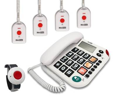 MAXCOM (G-TELWARE®) KXT481SOS 2023-2024er Modell Haus Notruf Seniorentelefon mit Funk-SOS-Sender, Festnetztelefon - 1 Armbandsender + 4 Handsender mit Schlaufe, Carbonschwarz, Standard von G-TELWARE