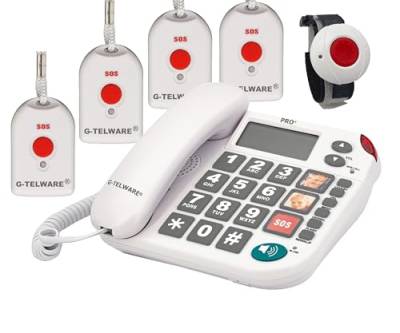 PRO+(G-TELWARE®)(Weltneuheit) Silence SOS Technik/SOSParam.einstellb./2023-2024er Modell Haus Notruf Seniorentelefon mit FunkSOS-Sender - 1 Armbandsender + 4 Handsender mit Schlaufe, Satingrau, PRO+ von G-TELWARE