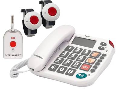 PRO+(G-TELWARE®)(Weltneuheit) Silence SOS Technik/SOSParam.einstellb./2023-2024er Modell Haus Notruf Seniorentelefon mit FunkSOS-Sender - 2 Armbandsender + 1 Handsender mit Schlaufe, Satingrau, PRO+ von G-TELWARE