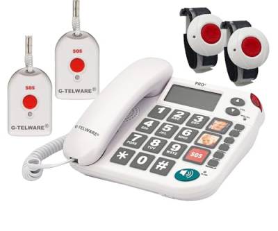 PRO+(G-TELWARE®)(Weltneuheit) Silence SOS Technik/SOSParam.einstellb./2023-2024er Modell Haus Notruf Seniorentelefon mit FunkSOS-Sender - 2 Armbandsender + 2 Handsender mit Schlaufe, Satingrau, PRO+ von G-TELWARE