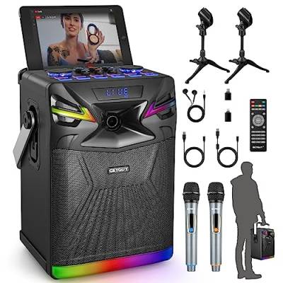 DSP Bluetooth Karaoke-Maschine mit 2 Mikrofonen für Outdoor-Party, 6,5" Subwoofer Tragbare PA-Anlage, musikbox USB-C Aufnahme Unterstützung Soundeffekten/DJ Lichter/FM für YouTube/iOS/Android GPSK-1 von GEYGUY