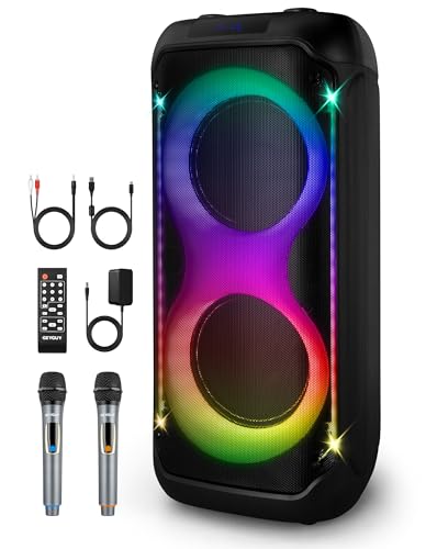 Karaoke Anlage mit 2 Drahtlosen Mikrofonen, 2 × 8" Subwoofer Großer Lautsprecher Bluetooth mit Disco Lichtern, Party Karaoke Maschine Unterstützung TWS/USB/SD Karte/AUX GPSK28-1 von GEYGUY