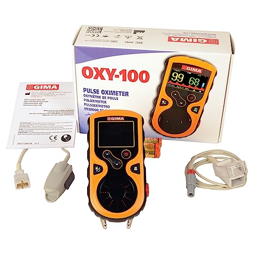 GIMA OXY-100 PULSOXIMETER, Tragbares und professionelles Fingerpulsoximeter, erfasst die Sauerstoffsättigung, den Herzfrequenz und die Blutperfusion, umfasst 3 AAA-Batterien, Hinterleuchteter von GIMA